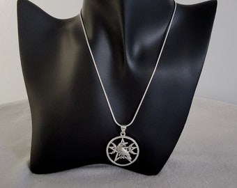 May include: A silver necklace with a pendant featuring a raven inside a pentacle. The pendant is detailed and intricate.