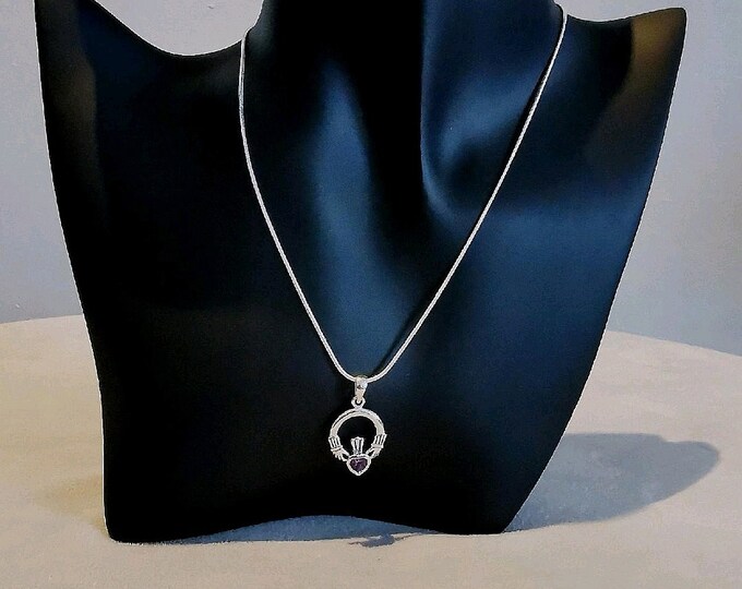 Small Claddagh Pendant With Amethyst Heart (Sterling Silver)