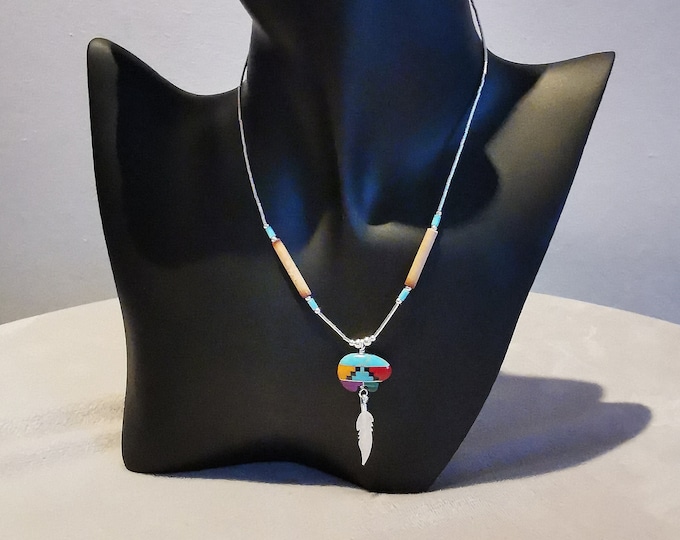 Native American Style Multicolor Bear & Feather Necklace (Sterling Silver)