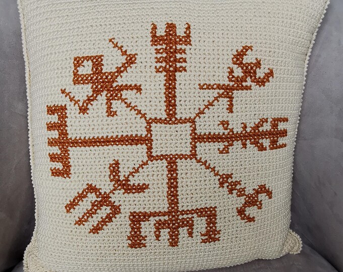 Crocheted Pillow Case with Vegvisir embroidery  (Insert included) - Handmade by Ylva