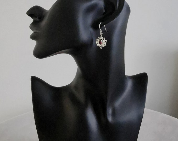 Lotus Earrings with Garnet (Sterling Silver)