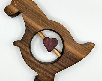 Handmade Walnut T-Rex Baby Rattle with Purpleheart Heart Shaped Spinner