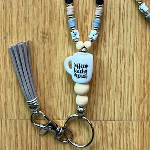 Coffee Teach Repeat Lanyard for Teachers, Neutral Colors, Minimalistic, Everyday lanyards