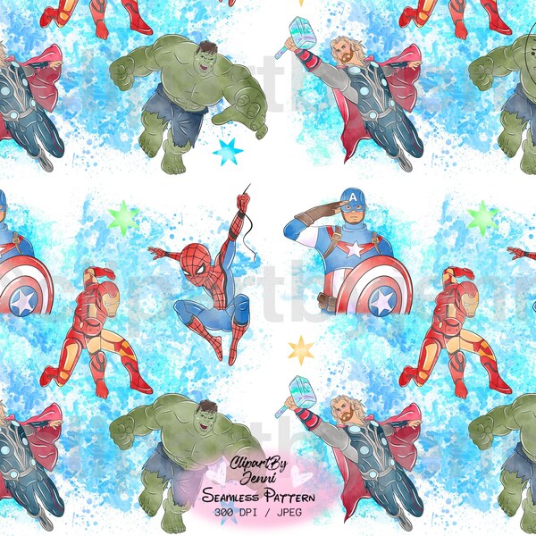 Watercolour Superhero Thor Seamless File / Superhero Seamless Pattern Digital Download / Superhero Thor Seamless Digital Paper / JPEG 300dpi