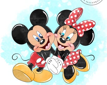 Mickey & Minnie Watercolour Clipart / Mickey Minnie Holding Hands PNG Printable Digital Download / Minnie Mickey Magic Kingdom Sublimation