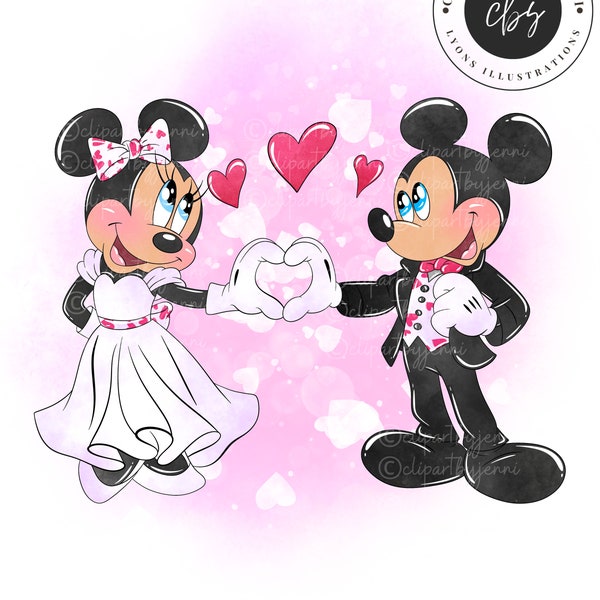 Mickey And Minnie Wedding Watercolour Clipart / Mickey Minnie Marriage Clipart PNG 300dpi / Mickey Minnie Marriage Printable Sublimation