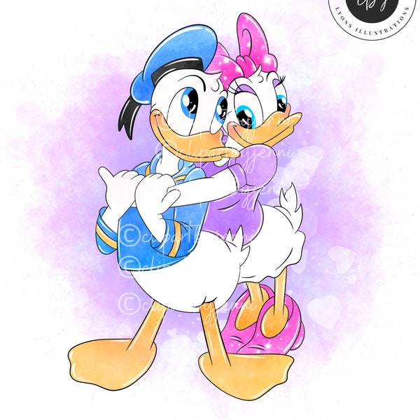 Watercolour Donald & Daisy Clipart / Daisy Donald PNG Printable Digital Download / Donald Daisy Watercolour Sublimation PNG