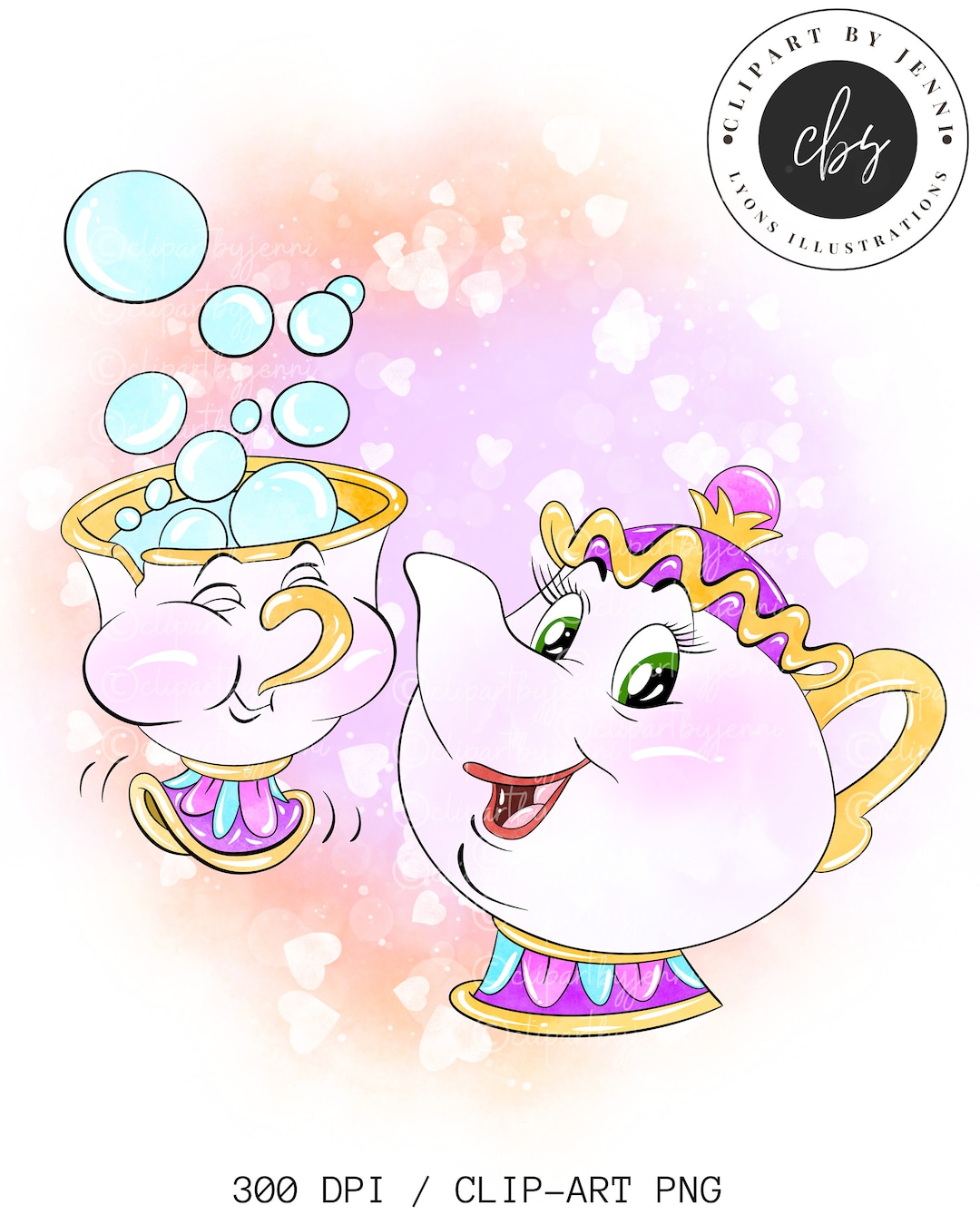 Watercolour Mrs Teapots & Chip Clipart / Beauty and the Beast Clipart