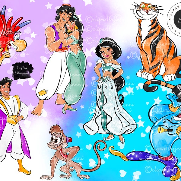 Aladdin Watercolour Clipart Set / Princess Jasmine Aladdin Clipart / Aladdin PNG Printable Digital Download / Aladdin Movie Clipart Set