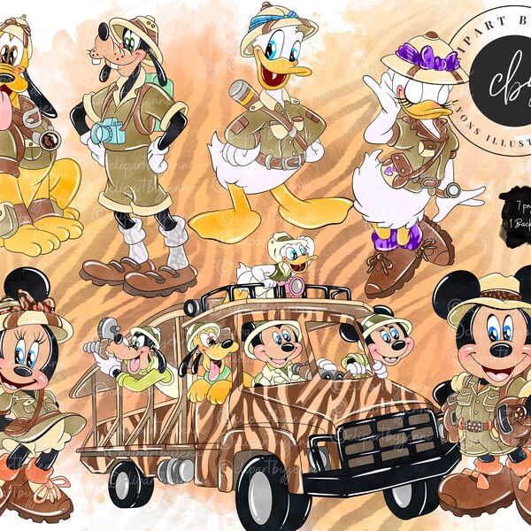 Watercolour Safari Mickey & Pals Clipart / Animal Kingdom Mickey Clipart / Animal Kingdom PNG Printable Digital Download / Safari Minnie