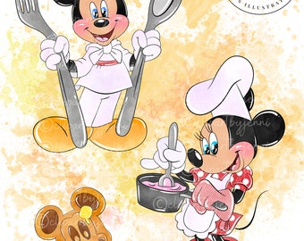 Watercolour Chef Mickey & Minnie Clipart / Mickey Minnie Cooking PNG Printable Clipart / Kitchen Mickey Minnie Clipart / Mickey Snacks PNG