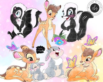 Aquarelle Bambi Clipart Bundle / Bambi Flower & Friends Sublimation Set / Bambi PNG Imprimable Téléchargement numérique / Bambi Aquarelle PNG