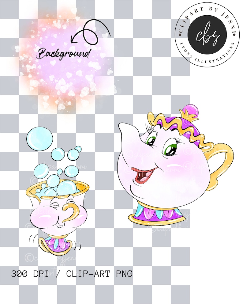 Watercolour Mrs Teapots & Chip Clipart / Beauty and the Beast Clipart