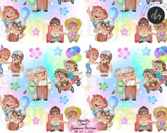 Watercolour Up Seamless Pattern / Up Movie Carl & Ellie Seamless File / Digital Paper / Up Download / Up Movie Seamless JPEG Pattern