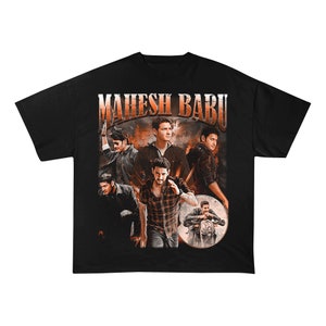 May include: Black t-shirt with a vintage-style graphic featuring multiple men and the text "Mahesh Babu".