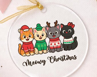 Meowy Christmas Cat Ornament, Kittens in Sweaters, Acrylic Xmas Decor