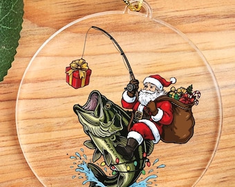 Funny Fishing Santa Acrylic Ornament, Whimsical Christmas Keepsake
