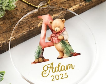 Personalized Alphabet Christmas Ornament, Teddy Bear Family Tree Decor, Initial Xmas Ornament