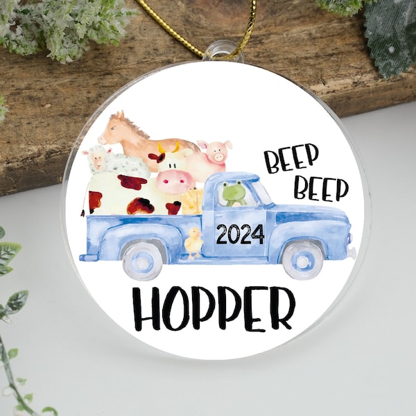 Little Blue Truck Personalized Ornament,Cute Gift For Boys,Custom Farm Animals Christmas Keepsake,Farmer Boy Xmas Ornament,Beep Beep Beep