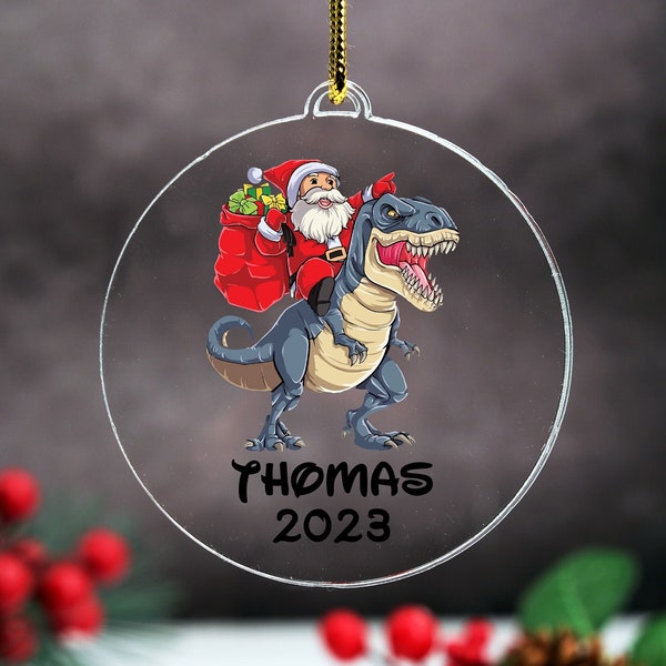Christmas Dinosaur Ornament,Custom Santa Riding Dinosaur Gift,Funny Kids Xmas Keepsake,T rex Dinosaur Tree Decor,Personalized Cute Boys Gift