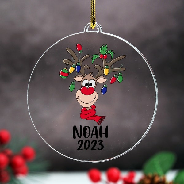 Personalized Reindeer Ornament,Cute Christmas Lights Reindeer Gift,Custom Keepsake For Kids,New Baby Tree Decor,Funny Xmas Boy Child Gift