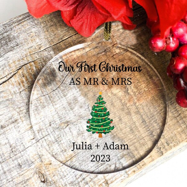 First Christmas Married Ornament,Personalized Mr and Mrs Wedding Gift,Custom New Couples Bauble,Xmas Light Pine Tree Decoration,As Mr & Mrs