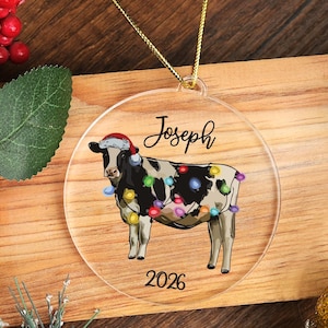 Personalized Christmas Cow Ornament, Acrylic Western Themed Gift for Farmers, Funny Xmas Lights Tree Decor
