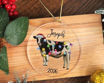 Personalized Christmas Cow Ornament, Acrylic Western Themed Gift for Farmers, Funny Xmas Lights Tree Decor
