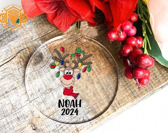 Personalized Reindeer Acrylic Ornament, Christmas Lights, Newborn Baby Boy Keepsake Gift