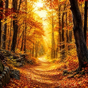 El sendero dorado a través del bosque otoñal / Arte mural de bosque otoñal / Lámina de paisaje natural / Decoración de otoño / Obra de arte de sendero boscoso