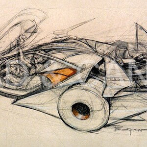 May include: A black and white pencil sketch of a futuristic vehicle design. The vehicle has a sleek, aerodynamic shape with a large, rounded front wheel and a smaller rear wheel. The sketch is detailed and includes lines that suggest the vehicle's interior and engine.