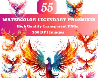 Watercolor Legendary Phoenix PNG Clipart Bundle, Phoenix Clipart, phoenix svg, phoenix clipart, Phoenix Bird, firebird clipart