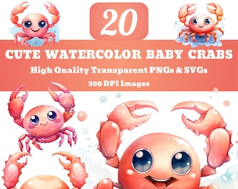 Cute Watercolor Baby Crab Clipart SVG PNG Bundle,  Adorable Crab Clipart, Ocean Life Clipart, Ocean Kids Animals Baby Crabs School Clipart
