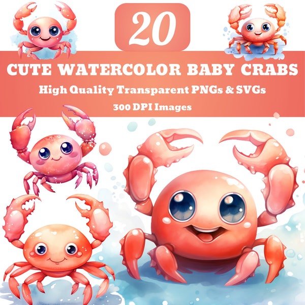 Cute Watercolor Baby Crab Clipart SVG PNG Bundle,  Adorable Crab Clipart, Ocean Life Clipart, Ocean Kids Animals Baby Crabs School Clipart