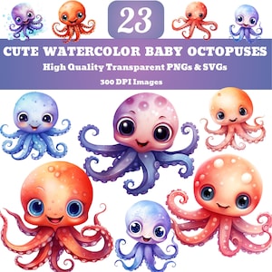 Cute Watercolor Baby Octopus SVG PNG Clipart, Ocean Life Clipart, Ocean Life, Under the Sea, Nursery Decor, baby shower, Transparent PNGs