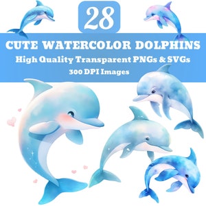 Süße Aquarell Delfin PNG SVG Clipart, Ozean Tiere, Meerestiere, entzückende Delphin Clipart, Kinderzimmer Clipart