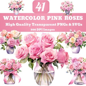 Rosas rosadas de acuarela en jarrón PNG SVG Clipart Bundle, invitación de boda floral, flor de acuarela png, sublimación de rosa png