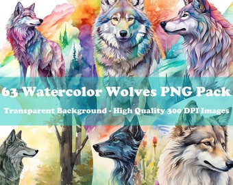 Watercolor Wolf Clipart Bundle: 63 Fantasy PNG Graphics (Digital Download)