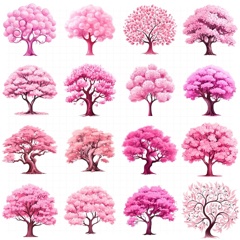 Cute Pink Trees PNG SVG Clipart Bundle, Watercolor Clipart, Digital ...