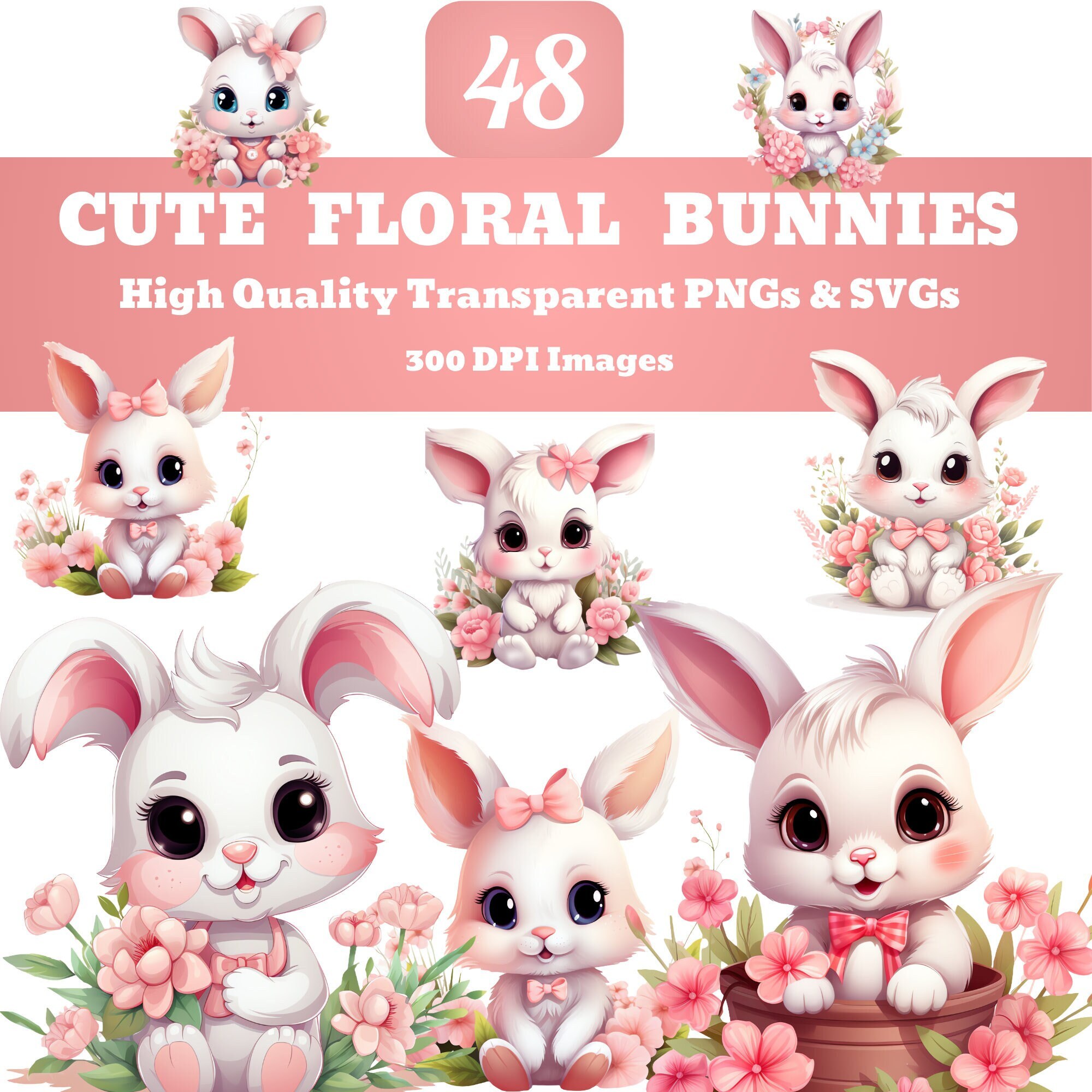 Floral Easter Bunny Clipart Bundle, Cute Spring PNG SVG (48 Images) - Etsy
