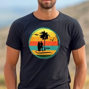 Retro Surfing Tshirt, Tropical surfer shirt, Gift for a surfer shirt, Sunset and surfing shirt, Vacation shirt, Surfing gift shirt for men