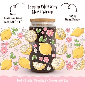 Lemon Glass Can Wrap 16 oz, Lemon Blossom Wrap PNG, Cute Summer Cup Design, Floral Lemon Wrap, Libbey Can Wrap, Digital Download