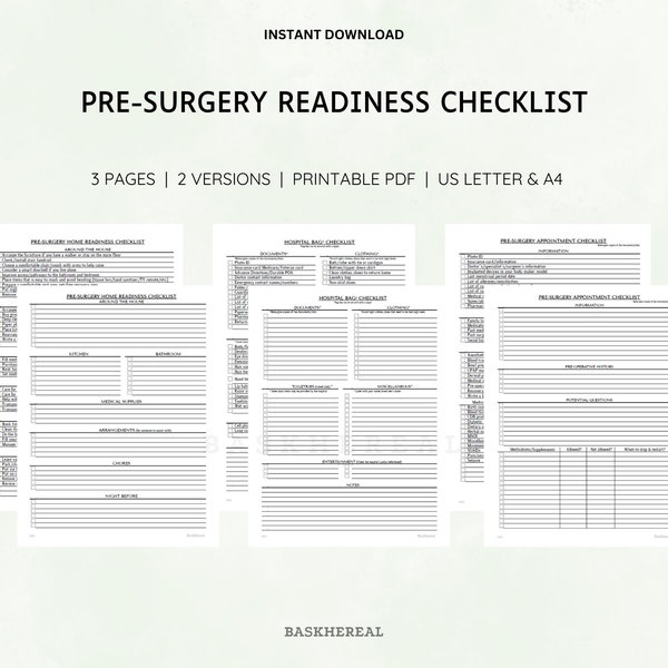 Printable Pre-surgery Checklist, Home Readiness, Hospital Bag, Pre-op Appointment, Adult/Elderly Patients, Surgery Plan, Template, Letter A4