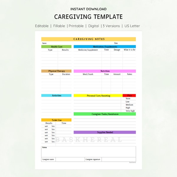 Editable Elderly Care Caregiving Notes, Template, Printable Fillable Tracker, Caregiver Daily Journal, Checklist, GoodNotes, Minimalist
