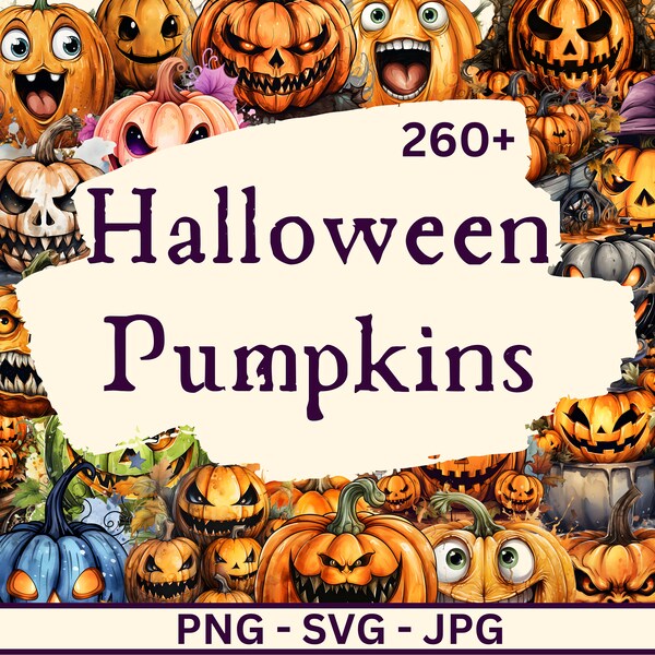 260+ Watercolor Halloween Pumpkins PNG Bundle, Scary, Funny, Cartoon, Cute Halloween Pumpkin SVG, Spooky Digital Art, Free Commercial Use