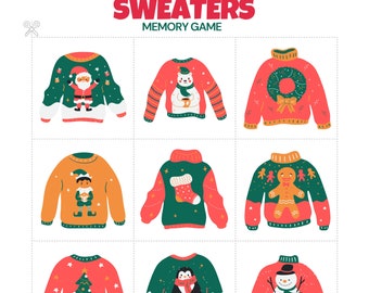 Christmas Ugly Sweater Memory Match Game, Printable, Immediate download and print, Christmas, Fun for kids to Play