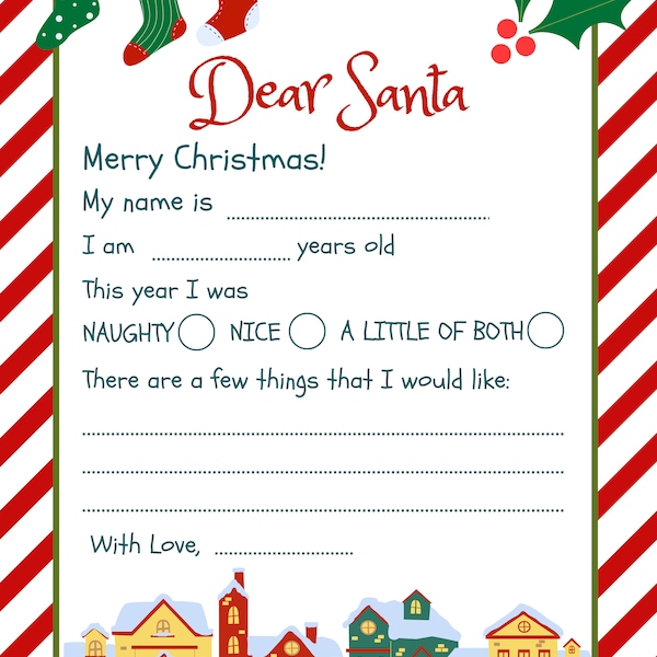 Letter to Santa Template, Printable, editable, Immediate download and print, Christmas, Fun for kids to Write a letter to Santa