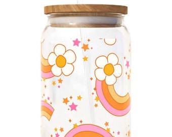 Arcs-en-ciel floraux | Tasse en verre transparent de 16 oz | Cadeaux uniques pour les amis de la famille