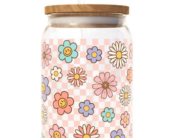 Retro Checkered Flowers | 16 oz Clear Glass Cup | Unique Gifts for Family Friends
