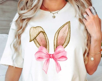 Bunny Ears Pink Bow (3) (Tee) T-Shirt | Easter Fashion | Unique Gifts for Family Friends